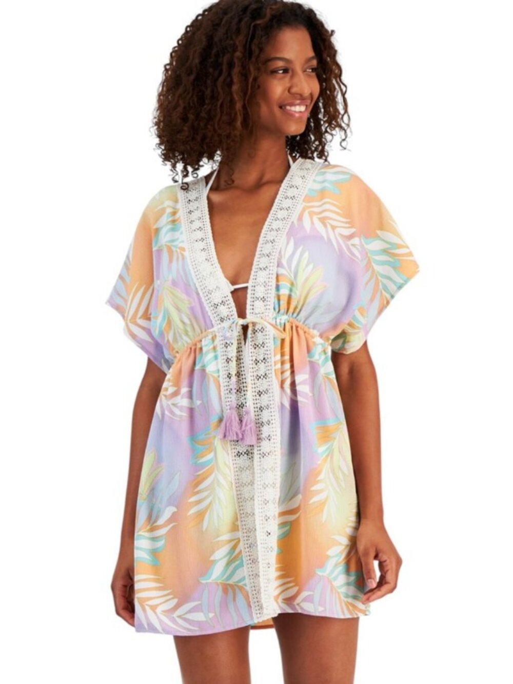 Miken Swim Tropical Crochet Kimono Cover Up Orange Women's - Size S